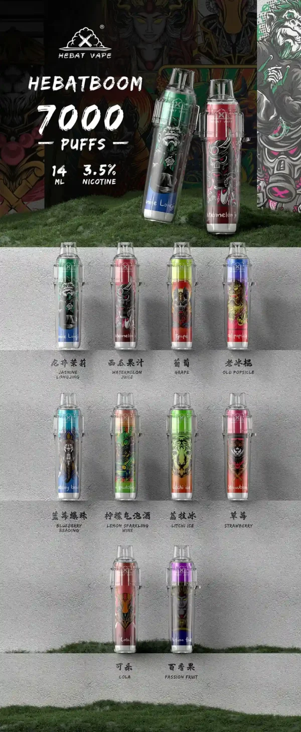 3c7b6159090b1f15eda83534671f250d-1.webp Hebat 喜貝 BOOM 7000口 拋棄式電子煙|具備 14ml 巨量油倉與 500mAh 可充電續航,採用 3.5% 尼古丁鹽完美比例擊喉感炸裂,提供細膩霧化體驗