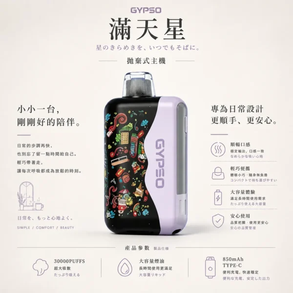 ChatGPT-Image-2026年8月20日-下午11_59_44.webp GYPSO 滿天星 30000口拋棄式電子煙|18ml巨量油艙,支援 Normal/Turbo 雙功率與 Type-C充電