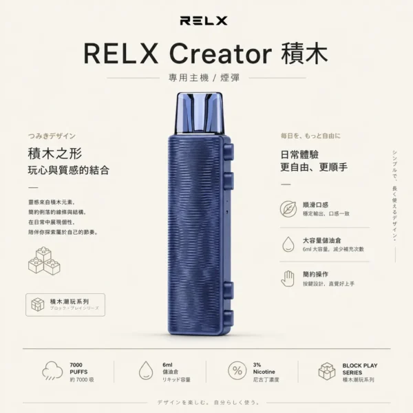 ChatGPT-Image-2026年8月21日-01_05_36.webp RELX 悅刻 Creator 積木拋棄式電子煙入門組|7000口容量,配備6ml儲油倉與3%尼古丁鹽