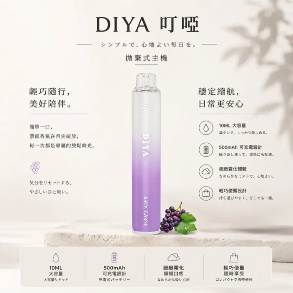 ChatGPT-Image-2026年8月21日-上午02_02_03.webp DIYA 叮啞 7500口 拋棄式電子煙|極致冰爽系列多口味任選,具備不漏油結構、10ml 大容量與 500mAh 可充電設計,口感順滑擊喉