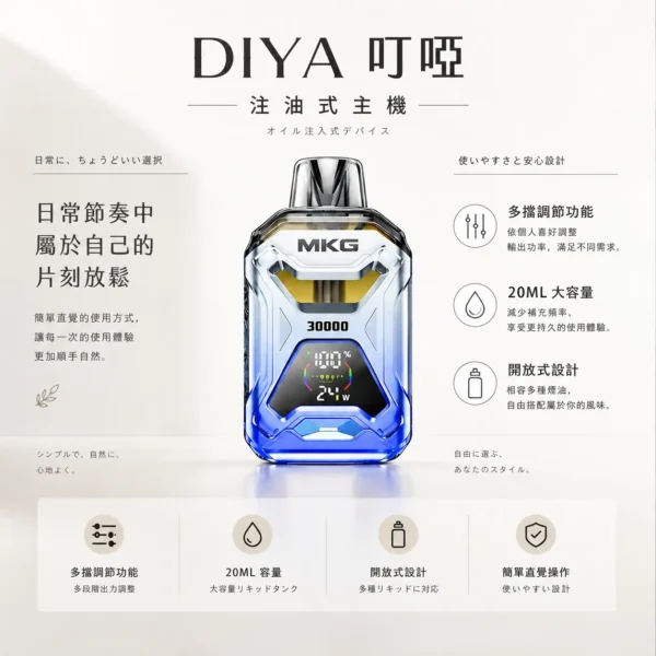 ChatGPT-Image-2026年8月21日-上午02_06_45.webp MKG 智能注油小煙主機|具備液晶顯示精準監控數據與多檔調節 POWER 模式爆發,採用可注入 20ml 煙油開放式設計搭配快充,通用小煙煙油