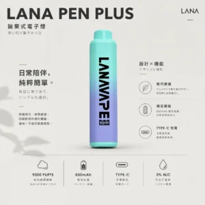 ChatGPT-Image-2026年8月21日-上午12_12_09.webp LANA PEN PLUS 9000口拋棄式電子煙|15ml儲油搭配 3%尼古丁鹽,配備 Mesh網芯並支援 Type-C充電