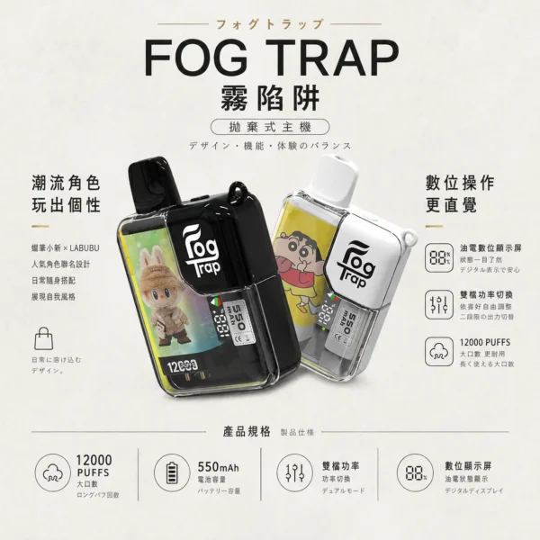 ChatGPT-Image-2026年8月22日-下午06_36_11.webp 【買十送一】Fog Trap 限量聯名 蠟筆小新 × LABUBU 12000口拋棄式電子煙|配備油電數位顯示屏,支援雙檔功率切換