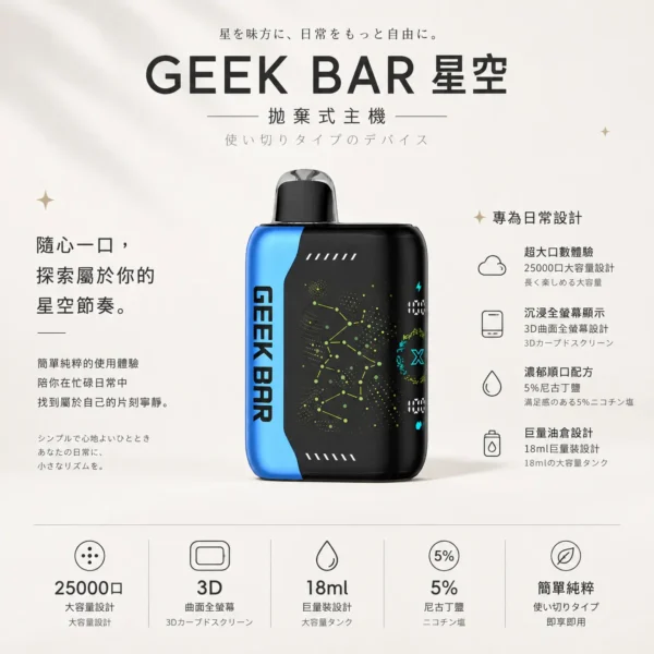 【買5贈1】GEEK BAR Pulse X 星空系列 25000口 拋棄式電子煙｜首創 3D 曲面全螢幕視覺設計，搭配 18ml 巨量裝與 5% 尼古丁鹽，帶來強勁擊喉與超長效續航體驗