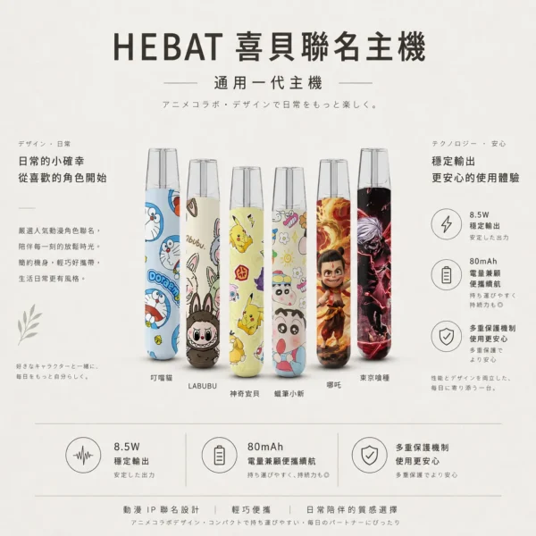 ChatGPT-Image-2026年8月22日-下午07_47_06.webp Hebat 喜貝 Labubu 聯名 一代通用主機|潮流公仔高顏值潮流設計與金屬細膩觸感,搭載 8.5W 穩定輸出、380mAh 大電量與 Type-C 快充,完美適配一代通用煙彈