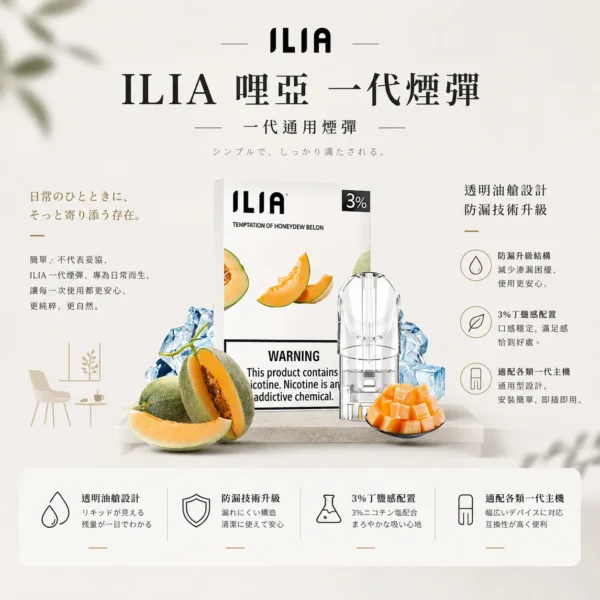 ChatGPT-Image-2026年8月22日-下午09_54_20.webp ILIA 哩亞 一代通用煙彈 三顆裝|透明油艙餘量可見與防漏升級設計,含 3%尼古丁鹽且適配一代主機