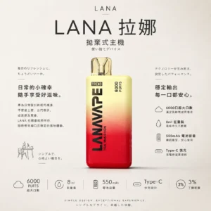 ChatGPT-Image-2026年8月23日-下午04_23_20.webp LANA 6000口 拋棄式電子煙|具備 8ml 巨量裝與 Mesh 網芯爆汁口感,採用 3% 尼古丁鹽順滑擊喉,搭載 550mAh 長效續航與 Type-C 快充