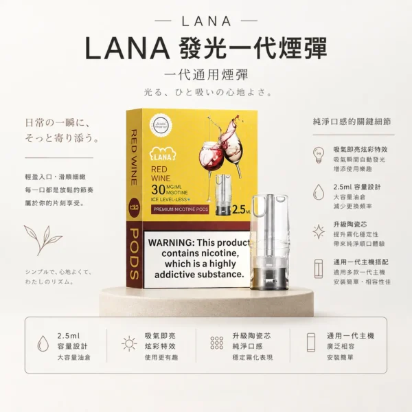 LANA 一代通用煙彈（3顆裝）｜具備吸氣即亮炫彩特效與升級陶瓷芯純淨口感，採用 2.5ml 大容量設計，通用一代主機