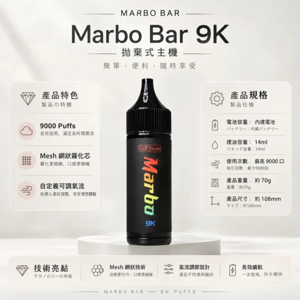 ChatGPT-Image-2026年8月23日-下午05_47_40.webp Marbo Bar 泰國熱銷 9000口拋棄式電子煙|14ml 大容量,搭載 Mesh 網狀霧化芯與自定義可調氣流設計