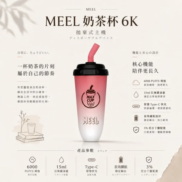 ChatGPT-Image-2026年8月23日-下午06_04_40.webp MEEL 奶茶杯 6000口 拋棄式電子煙|具備 3% 尼古丁鹽順滑不鎖喉與 15ml 巨無霸油量,支援智慧 Type-C 快充實現長效續航不斷電