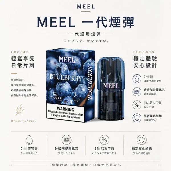 ChatGPT-Image-2026年8月23日-下午06_26_32.webp MEEL 一代通用煙彈|具備 2ml 巨量裝與升級陶瓷霧化芯,採用 3% 尼古丁鹽黃金比例,完美適配一代主機
