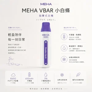 ChatGPT-Image-2026年8月23日-下午06_30_49.webp MEHA VBar 魅嗨 小白條 8500口 拋棄式電子煙|具備 3% 尼古丁鹽黃金配方與冰爽水果系列清涼口感,採用 8500 口大容量規格,搭配 650mAh 大電量可充電設計