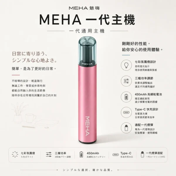MEHA 魅嗨 星耀版 一代通用主機｜具備七彩氛圍燈潮流外觀與 7W-10.5W 三檔功率調節自定義口感，配備 450mAh 高續航與 Type-C 快充，適配一代煙彈