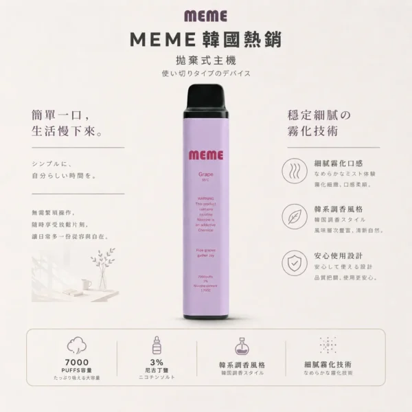 ChatGPT-Image-2026年8月23日-下午07_54_22.webp MEME 韓國熱銷 7000口 拋棄式電子煙|具備 3%尼古丁鹽黃金配比與細膩絲滑口感,完美呈現極致韓系調香層次感
