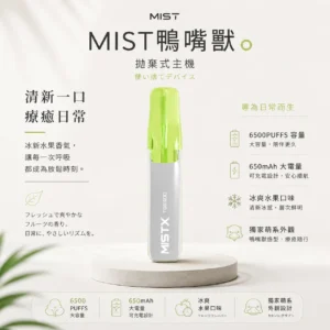 ChatGPT-Image-2026年8月23日-下午07_55_46.webp Mist X 鴨嘴獸 6500口 拋棄式電子煙|具備冰爽水果口味清涼口感與 2% 尼古丁鹽配置,搭載 550mAh 大電量可充電續航,結合獨家萌系外觀設計