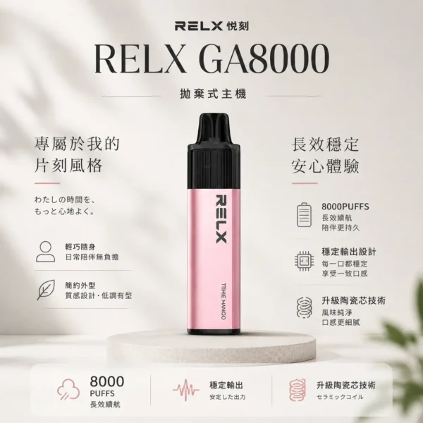 ChatGPT-Image-2026年8月23日-下午08_24_31.webp RELX 悅刻 GA 8000口 拋棄式電子煙|升級陶瓷芯純淨還原,具備 15ml 長效容量與 1100mAh 獨家真免充電設計,輸出持續穩定