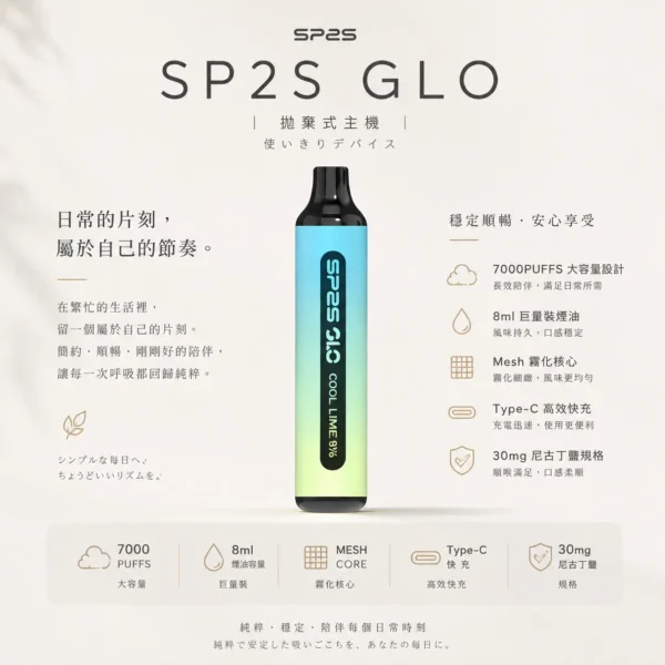 SP2S GLO 7000口 拋棄式電子煙｜搭載 Mesh 霧化核心與 30mg 尼古丁鹽，具備 8ml 巨量裝煙油續航，並支援 Type-C 高效快充