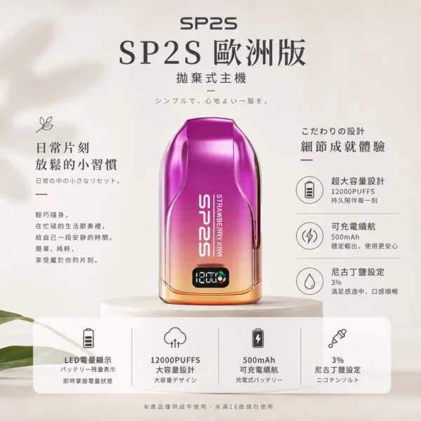 ChatGPT-Image-2026年8月24日-下午10_04_16.webp SP2S 歐洲版 12000口 拋棄式電子煙|具備自帶 LED 電量顯示使電力一目瞭然,採用 10ml 澎湃容量與 500mAh 可充電續航規格
