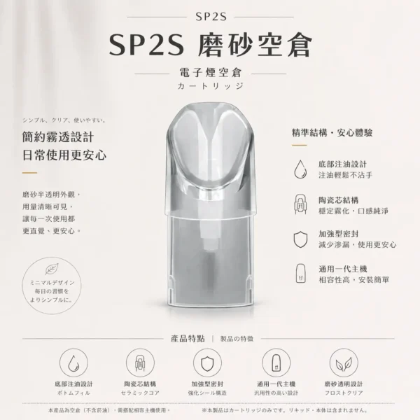 ChatGPT-Image-2026年8月25日-下午07_13_21.webp SP2S 磨砂透明 一代通用空倉|磨砂透明設計看油方便,搭配底部注油超簡單與加強型密封極致防漏不滲油,內建陶瓷芯順滑擊喉,通用一代主機