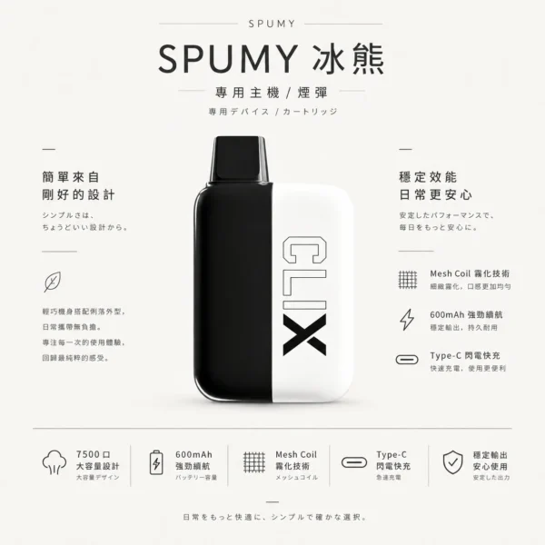 ChatGPT-Image-2026年8月25日-下午07_24_57.webp 【買2贈主機】SPUMY 冰熊 7500口 專用磁吸換彈拋棄式電子煙|具備 Mesh Coil 霧化技術,搭載 10ml 滿載容量、600mAh 強勁續航與 Type-C 閃電快充,打造高 CP 值體驗