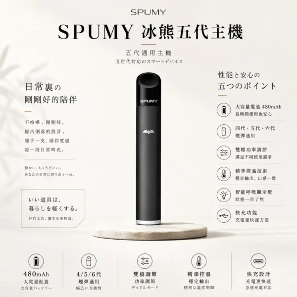 ChatGPT-Image-2026年8月25日-下午07_43_02.webp SPUMY 冰熊 五代通用主機|具備 480mAh 超大電量快充與智能呼吸顯示燈,採用雙檔功率調節精準控溫,廣泛通用四代/五代/六代煙彈