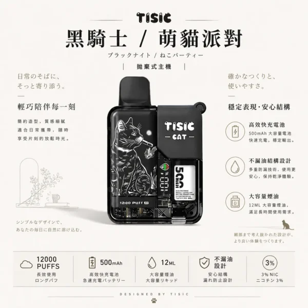 ChatGPT-Image-2026年8月25日-下午07_55_39.webp 【買十送一】TISIC 12000口拋棄式電子煙|黑騎士/萌貓派對雙風格,配備 12ml不漏油油艙與 500mAh高效快充