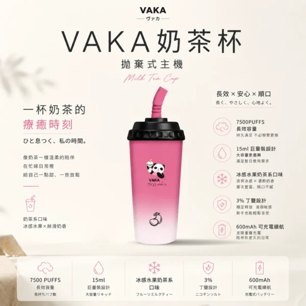VAKA 奶茶杯 7500口 拋棄式電子煙｜具備 15ml 巨量裝與冰感水果奶茶系專屬口味，採用 3% 尼古丁鹽順滑擊喉感，搭配萌熊貓造型與 600mAh 可充電續航