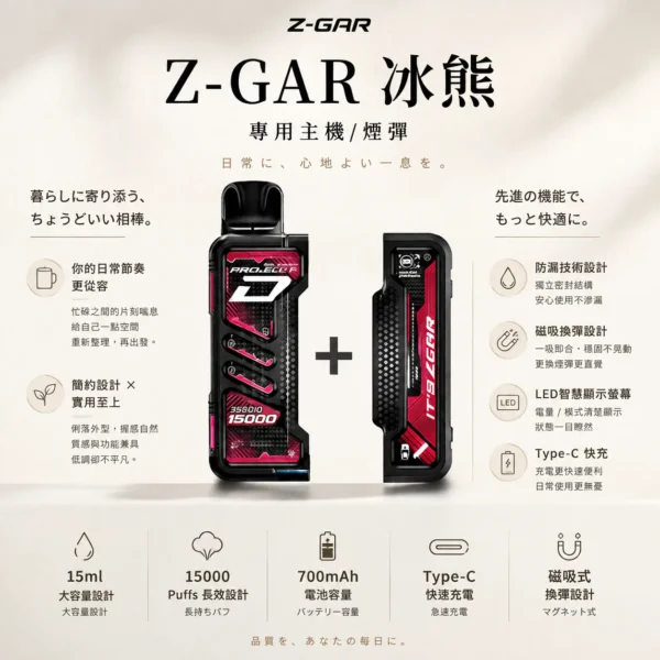 ChatGPT-Image-2026年8月25日-下午10_31_36.webp 【加購100贈主機】Zgar 冰熊卡帶 15000口專用磁吸換彈拋棄式電子煙|15ml煙油與 700mAh電量,配置 LED 智慧顯示螢幕並支援 Type-C 快充