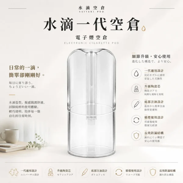 水滴空倉 一代通用空煙彈｜升級陶瓷芯還原純淨口感並具備長效防漏技術，採用底部注油循環使用設計，完美適配一代主機