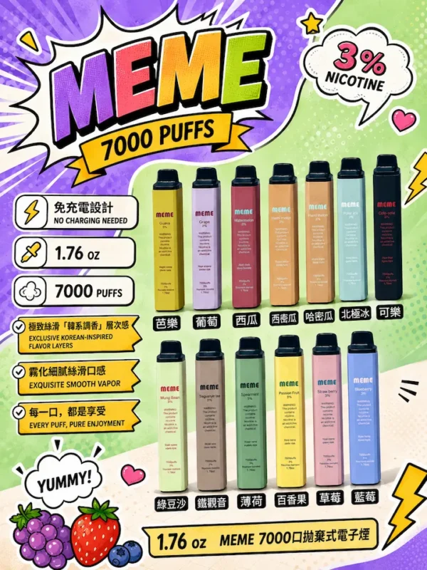 ChatGPT-Image-2026年8月31日-上午02_40_13.webp MEME 韓國熱銷 7000口 拋棄式電子煙|具備 3%尼古丁鹽黃金配比與細膩絲滑口感,完美呈現極致韓系調香層次感