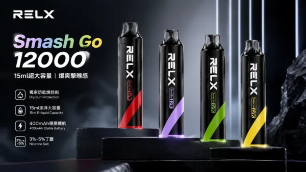 ChatGPT-Image-2026年8月31日-上午04_17_26.webp RELX Smash Go 12000口 拋棄式電子煙|搭載獨家防乾燒技術與 400mAh 穩壓續航,具備 15ml 澎湃大容量與 3%~5% 尼古丁鹽爆爽擊喉感