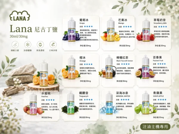 ChatGPT-Image-2026年8月31日-下午07_28_49.webp LANA 拉娜 30ml 煙油|具備 30mg 尼古丁鹽紮實滿足感,口感層次分明不化學且回韻清甜,通用注油小煙主機
