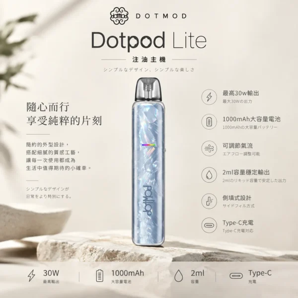 ChatGPT-Image-2026年9月6日-下午04_58_10.webp DotPod Lite 側注油主機|具備 30W 輸出與 1000mAh 大電池,採用 2ml 容量側邊填油設計並支援 Type-C 快充,通用小煙煙油