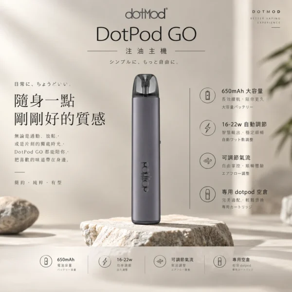 ChatGPT-Image-2026年9月6日-下午05_17_08.webp DotPod GO 注油主機|具備 16W-22W 智慧功率感應調控與側邊微調式氣流結構,可靈活切換抽吸口感,搭載 650mAh 高續航電芯,通用小煙煙油