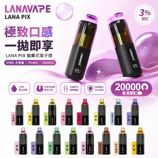 LANA PIX 閃光彈 20000口拋棄式電子煙｜可摺疊式吸嘴，配備 15ml儲油、850mAh電池與 Mesh網芯