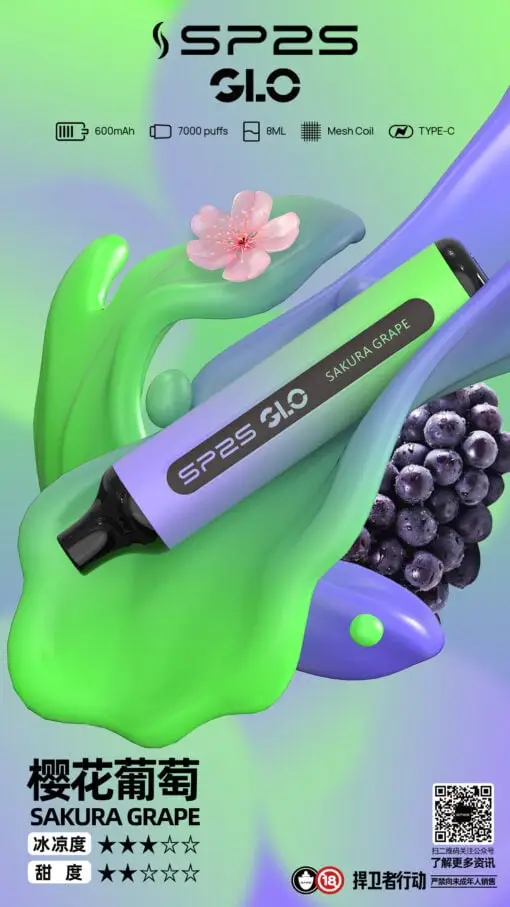 SP2S GLO 7000口 拋棄式電子煙｜搭載 Mesh 霧化核心與 30mg 尼古丁鹽，具備 8ml 巨量裝煙油續航，並支援 Type-C 高效快充