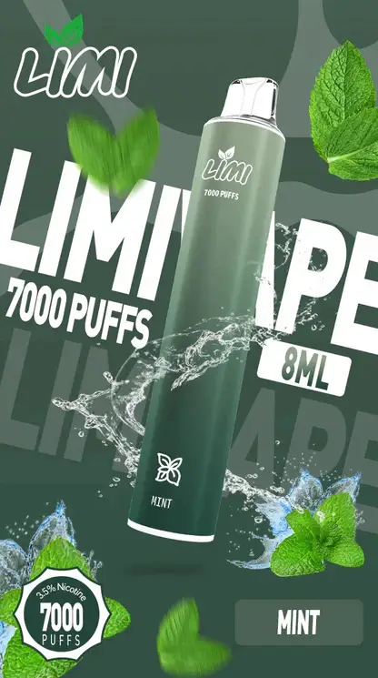 LIMI 7000口 拋棄式電子煙｜具備 3.5% 尼古丁鹽強勁擊喉感與冰感水果系列清涼口感，搭載吸氣發光 LED 燈條及 650mAh 可充電池