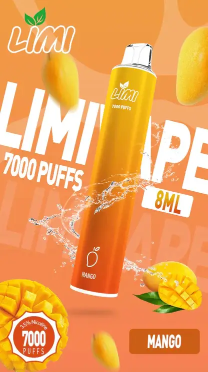 LIMI 7000口 拋棄式電子煙｜具備 3.5% 尼古丁鹽強勁擊喉感與冰感水果系列清涼口感，搭載吸氣發光 LED 燈條及 650mAh 可充電池
