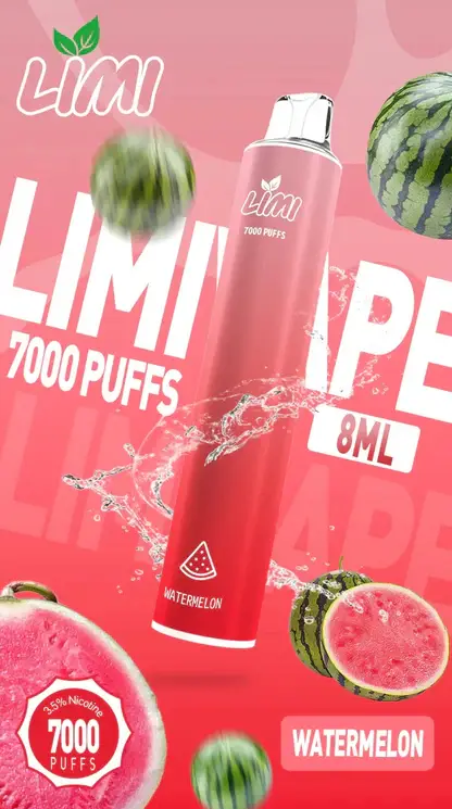 LIMI 7000口 拋棄式電子煙｜具備 3.5% 尼古丁鹽強勁擊喉感與冰感水果系列清涼口感，搭載吸氣發光 LED 燈條及 650mAh 可充電池