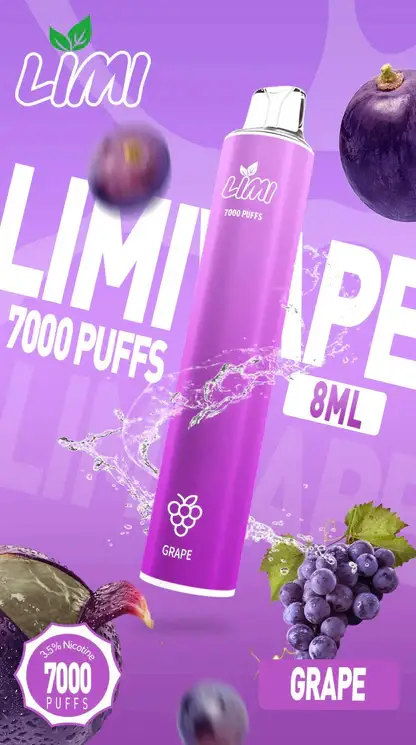 LIMI 7000口 拋棄式電子煙｜具備 3.5% 尼古丁鹽強勁擊喉感與冰感水果系列清涼口感，搭載吸氣發光 LED 燈條及 650mAh 可充電池