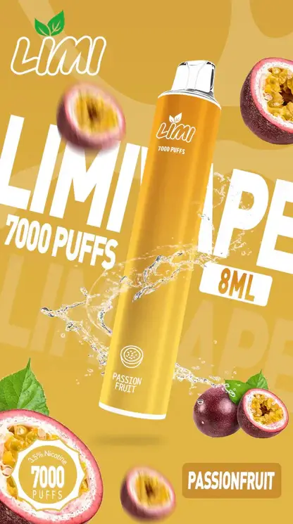 LIMI 7000口 拋棄式電子煙｜具備 3.5% 尼古丁鹽強勁擊喉感與冰感水果系列清涼口感，搭載吸氣發光 LED 燈條及 650mAh 可充電池