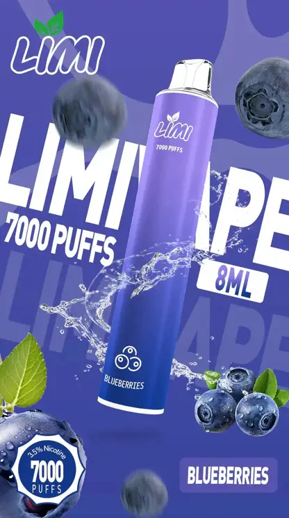 LIMI 7000口 拋棄式電子煙｜具備 3.5% 尼古丁鹽強勁擊喉感與冰感水果系列清涼口感，搭載吸氣發光 LED 燈條及 650mAh 可充電池