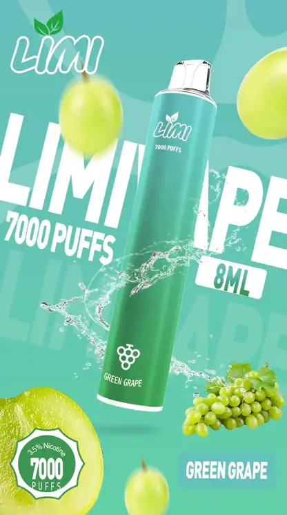 LIMI 7000口 拋棄式電子煙｜具備 3.5% 尼古丁鹽強勁擊喉感與冰感水果系列清涼口感，搭載吸氣發光 LED 燈條及 650mAh 可充電池