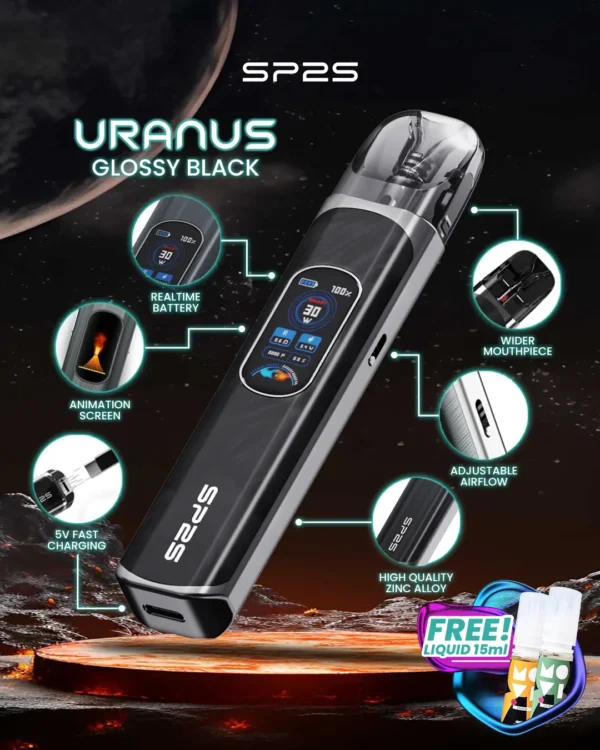 MP-Uranus-1080x1350px-New-Product-Glossy-Black.webp SP2S 天王星 Uranus 開放式注油小煙主機|具備最大 30W 多檔調節爆發輸出與 1000mAh 大電量,搭配 0.96 吋液晶屏精準顯示,內含 0.6Ω/0.8Ω 空彈並通用小煙煙油