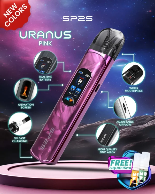 MP-Uranus-1080x1350px-New-Product-Pink.webp SP2S 天王星 Uranus 開放式注油小煙主機|具備最大 30W 多檔調節爆發輸出與 1000mAh 大電量,搭配 0.96 吋液晶屏精準顯示,內含 0.6Ω/0.8Ω 空彈並通用小煙煙油