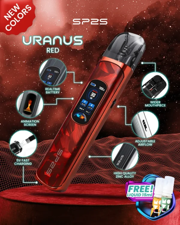 MP-Uranus-1080x1350px-New-Product-Red.webp SP2S 天王星 Uranus 開放式注油小煙主機|具備最大 30W 多檔調節爆發輸出與 1000mAh 大電量,搭配 0.96 吋液晶屏精準顯示,內含 0.6Ω/0.8Ω 空彈並通用小煙煙油