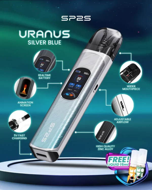 MP-Uranus-1080x1350px-New-Product-Silver-Blue.webp SP2S 天王星 Uranus 開放式注油小煙主機|具備最大 30W 多檔調節爆發輸出與 1000mAh 大電量,搭配 0.96 吋液晶屏精準顯示,內含 0.6Ω/0.8Ω 空彈並通用小煙煙油