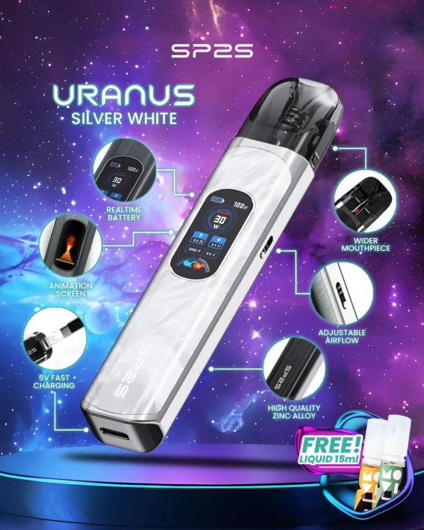 MP-Uranus-1080x1350px-New-Product-Silver-White.webp SP2S 天王星 Uranus 開放式注油小煙主機|具備最大 30W 多檔調節爆發輸出與 1000mAh 大電量,搭配 0.96 吋液晶屏精準顯示,內含 0.6Ω/0.8Ω 空彈並通用小煙煙油