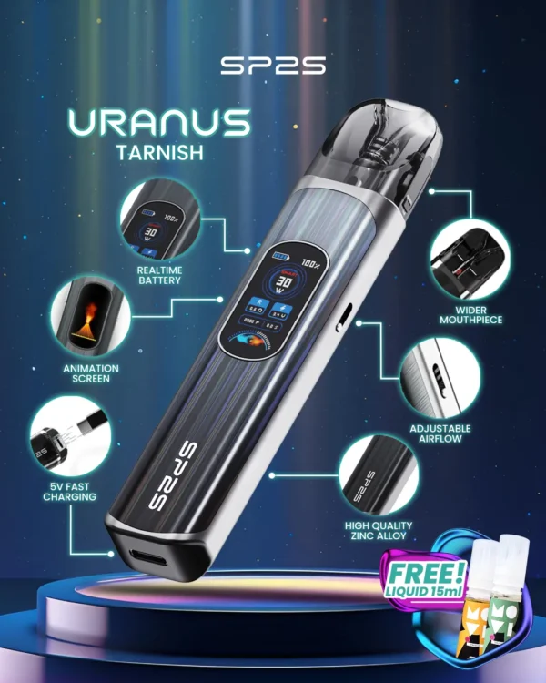 MP-Uranus-1080x1350px-New-Product-Tarnish.webp SP2S 天王星 Uranus 開放式注油小煙主機|具備最大 30W 多檔調節爆發輸出與 1000mAh 大電量,搭配 0.96 吋液晶屏精準顯示,內含 0.6Ω/0.8Ω 空彈並通用小煙煙油