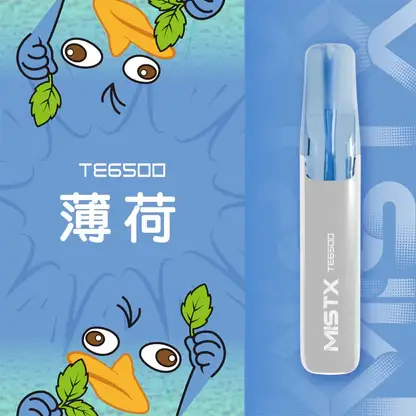 Mist X 鴨嘴獸 6500口 拋棄式電子煙｜具備冰爽水果口味清涼口感與 2% 尼古丁鹽配置，搭載 550mAh 大電量可充電續航，結合獨家萌系外觀設計